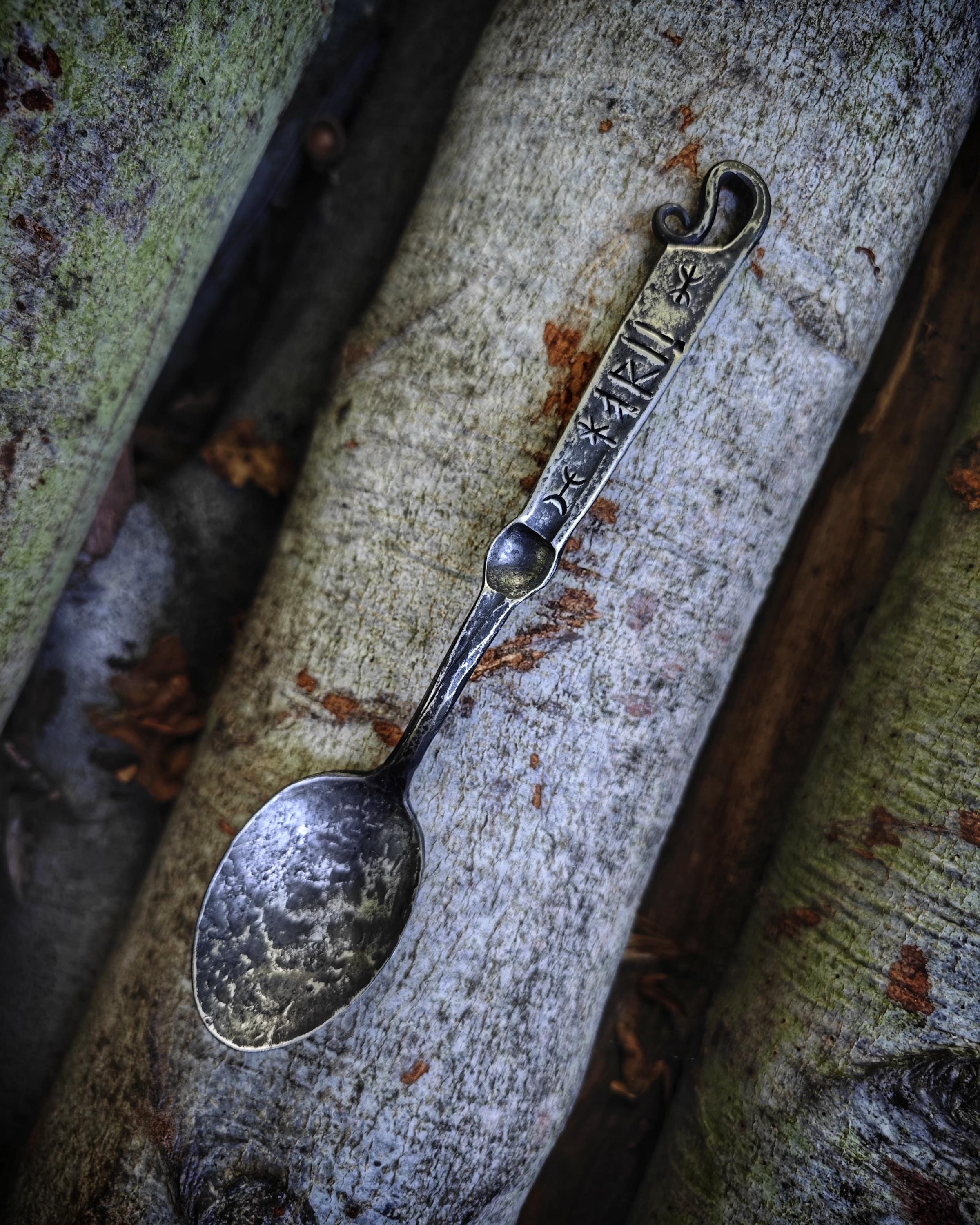 Viking Flame: Handmade Iron Pan and Spoon Set | Authentic Art with Genuine Leather Bag primitive camper set up