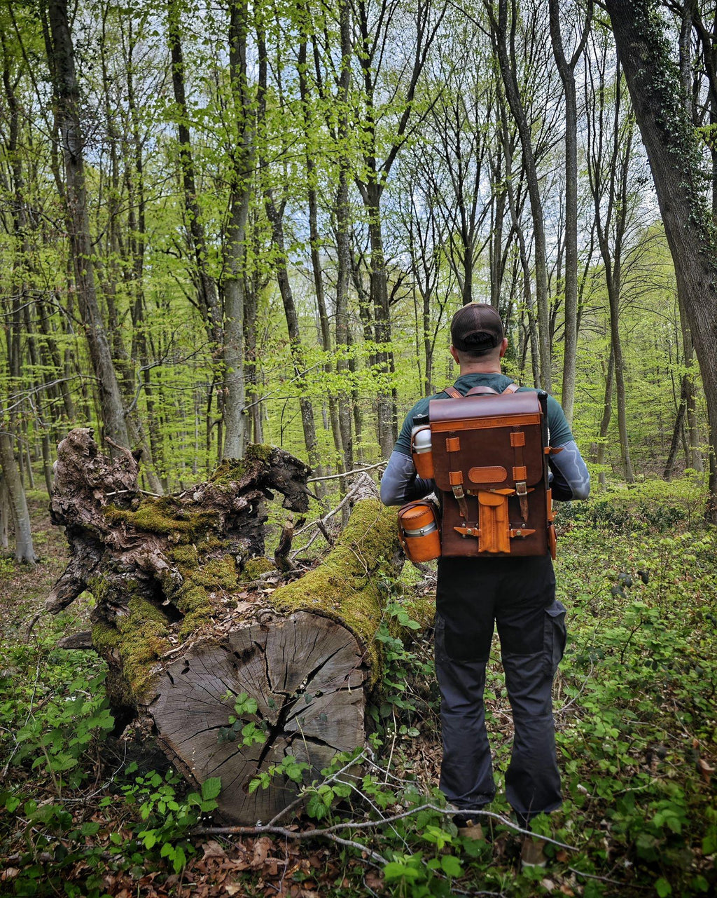 Handmade Leather Bushcraft Backpack – Includes Forged Axe, Swedish Stove with Pan, Canteen, Auger &amp; Folding Bow Saw
