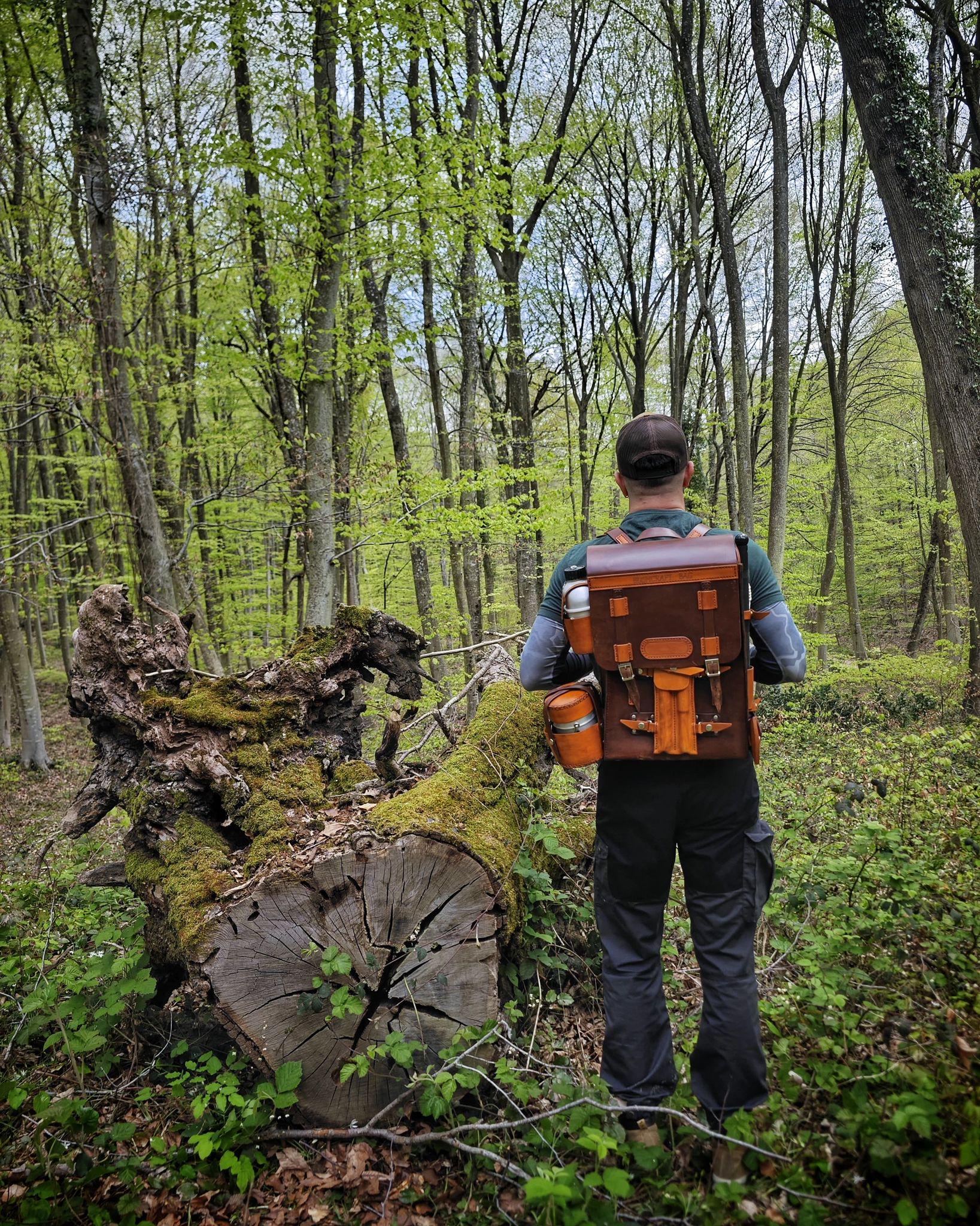 Handmade Leather Bushcraft Backpack – Includes Forged Axe, Swedish Stove with Pan, Canteen, Auger &amp; Folding Bow Saw