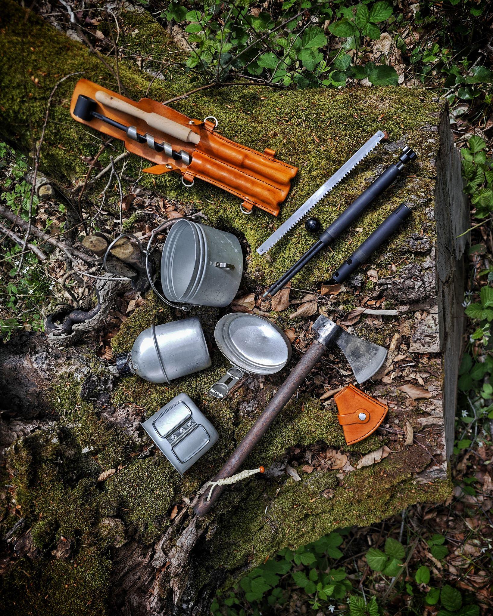 Handmade Leather Bushcraft Backpack – Includes Forged Axe, Swedish Stove with Pan, Canteen, Auger &amp; Folding Bow Saw