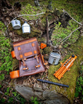 Full Grain Leather Bushcraft Pack – Survival Set with Forged Axe, Swedish Camp Stove, Cooking Pan, Water Canteen &amp; Bow Saw