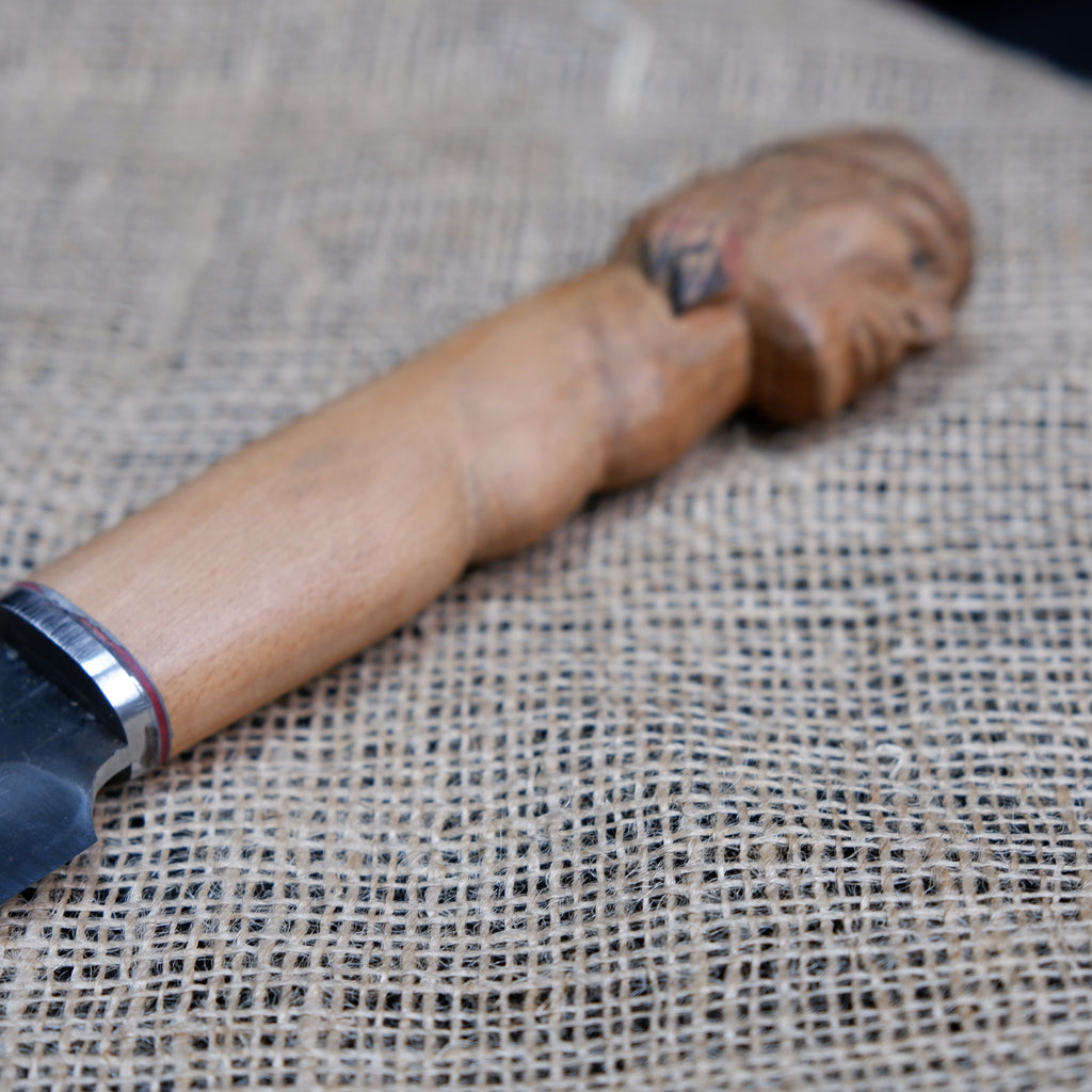 Handmade Carved Wood Knife with Hand-Stitched Genuine Leather Sheath