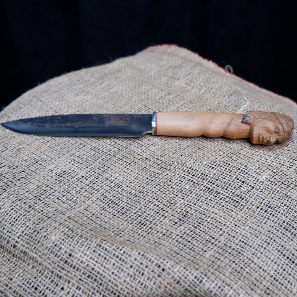 Handmade Carved Wood Knife with Hand-Stitched Genuine Leather Sheath