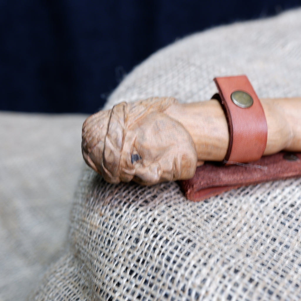 Handmade Carved Wood Knife with Hand-Stitched Genuine Leather Sheath