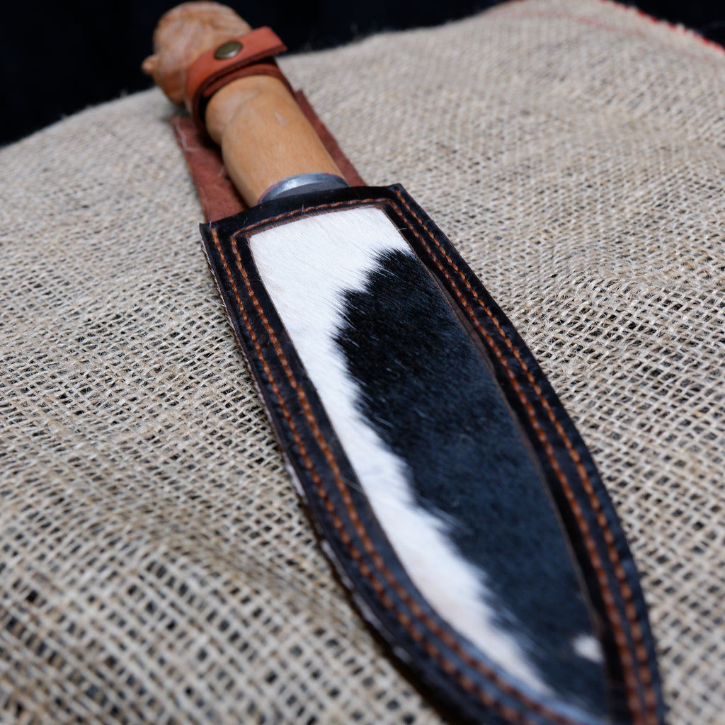 Handmade Carved Wood Knife with Hand-Stitched Genuine Leather Sheath