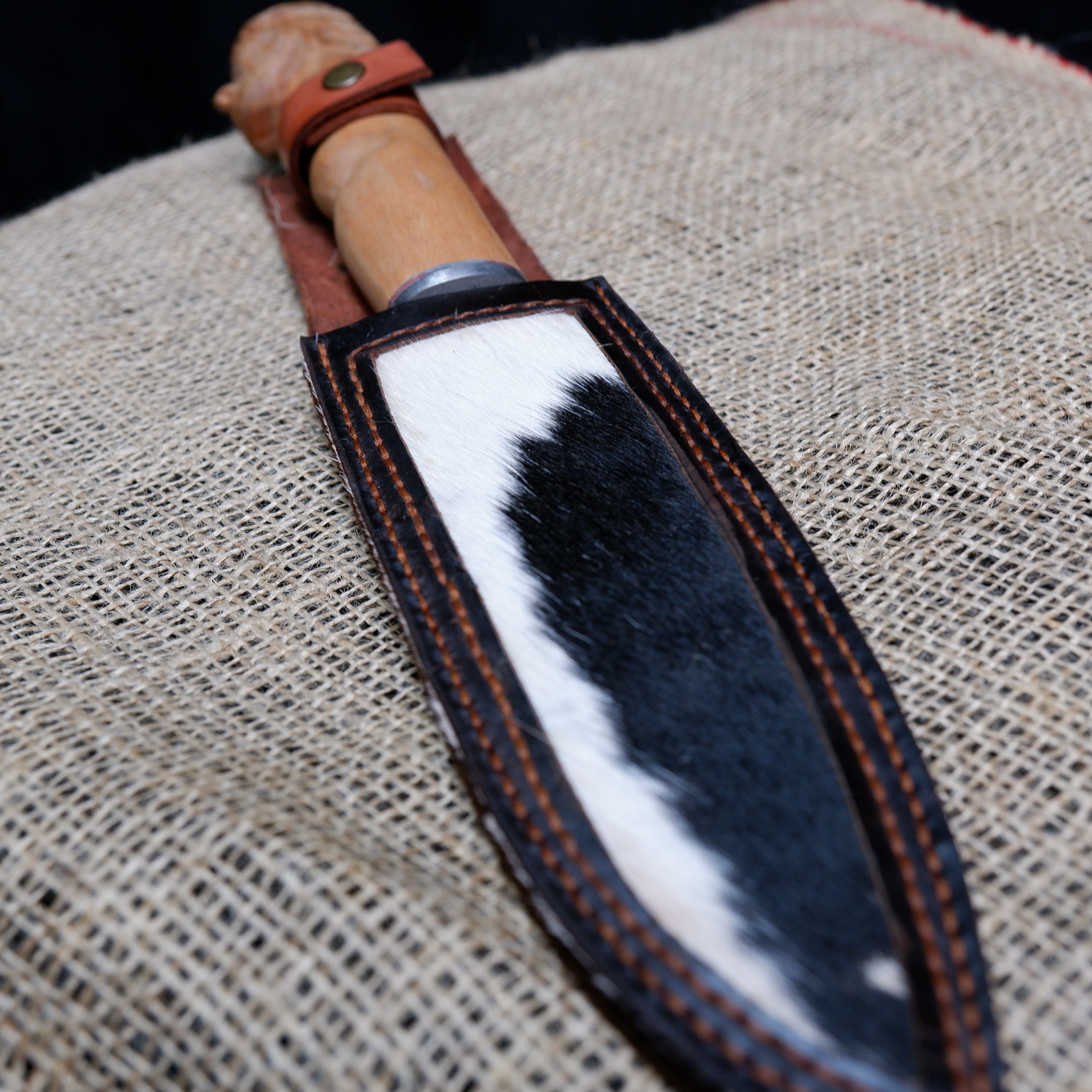 Handmade Carved Wood Knife with Hand-Stitched Genuine Leather Sheath
