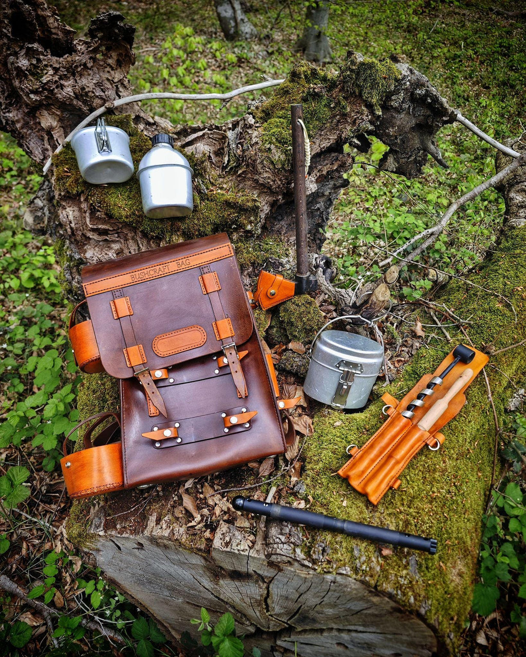 Handmade Leather Bushcraft Backpack – Includes Forged Axe, Swedish Stove with Pan, Canteen, Auger &amp; Folding Bow Saw
