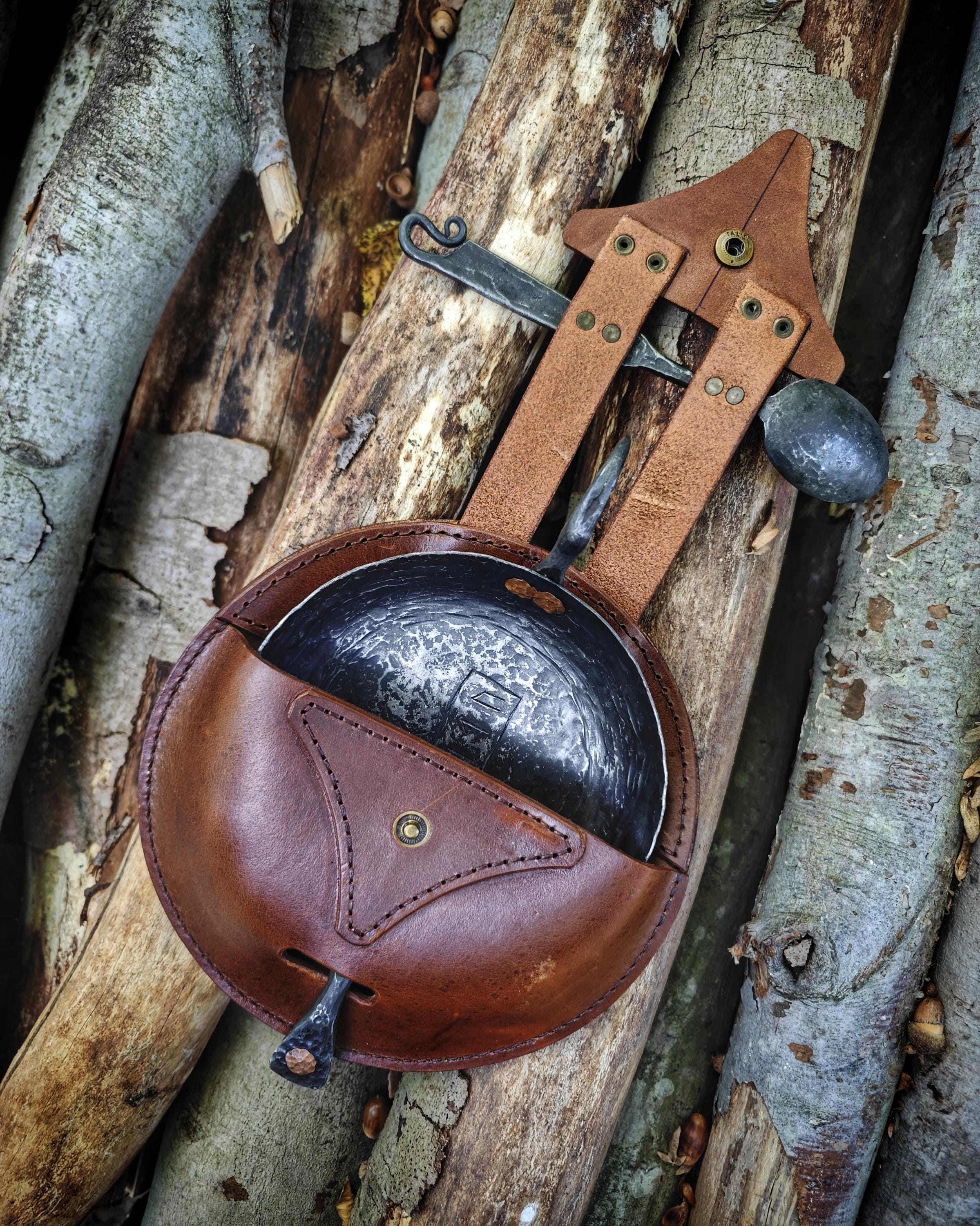 Viking Flame: Handmade Iron Pan and Spoon Set | Authentic Art with Genuine Leather Bag primitive camper set up
