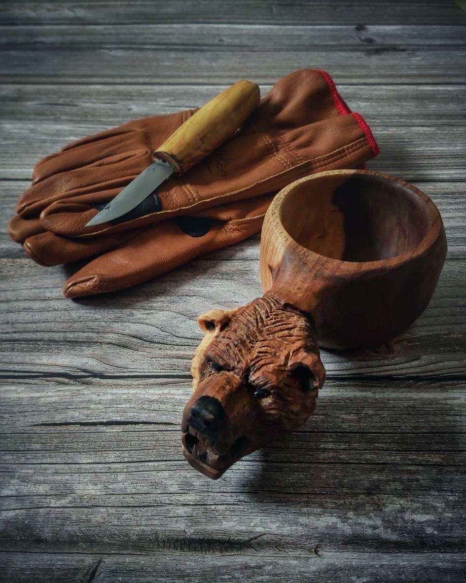 bear mug kuksa Hand carved eco friendly wooden bearcarved kuksa , mug , birch tumbler, natural , Scandi nordic cup, portable camping cup