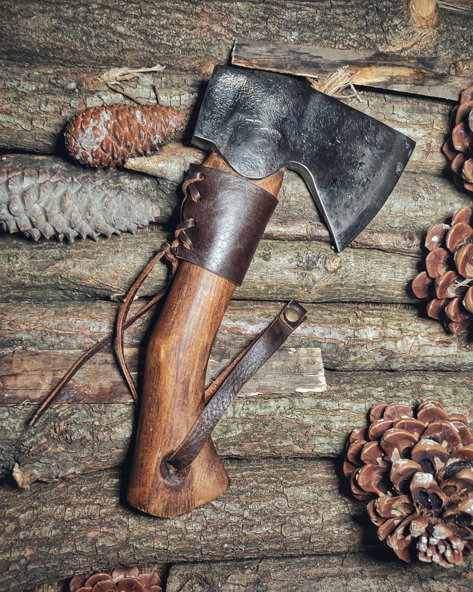 blacksmith hand forge small carving ax carpenter tool with leather sheath