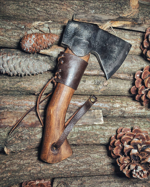 blacksmith hand forge small carving ax carpenter tool with leather sheath