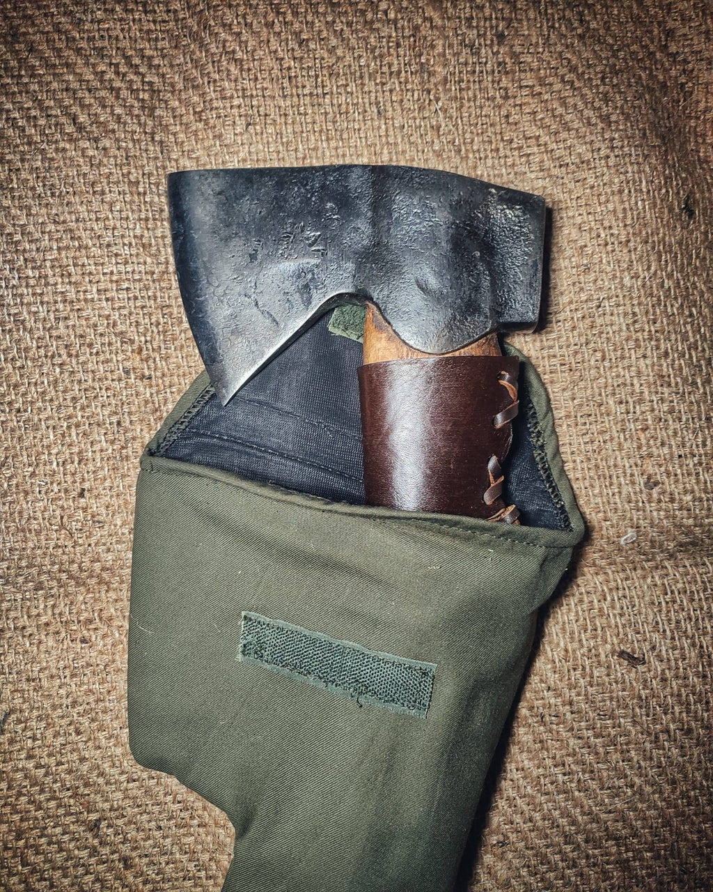 blacksmith hand forge small carving ax carpenter tool with leather sheath and canvas bag