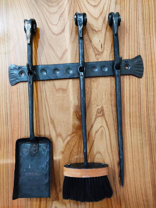 Blacksmith hand forged fireplace tools set shovel poker brush
