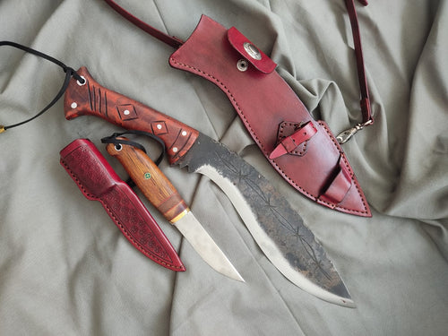 Blacksmith hand forge engraving custom knife with leather sheath