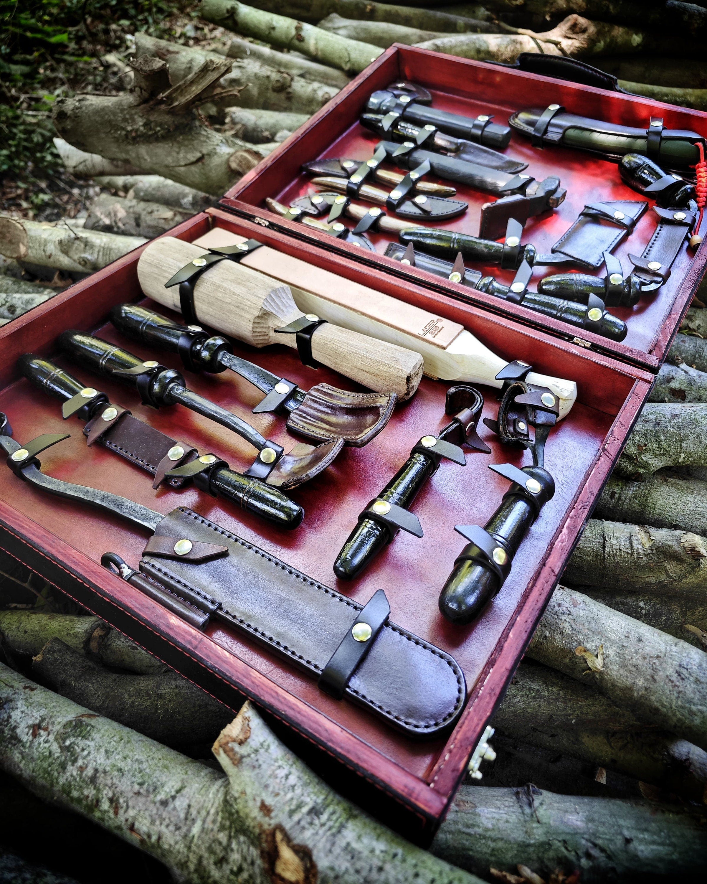 Premium Hand forged Blacksmith Woodcarving Set and Leather Bag, Every Tools are included