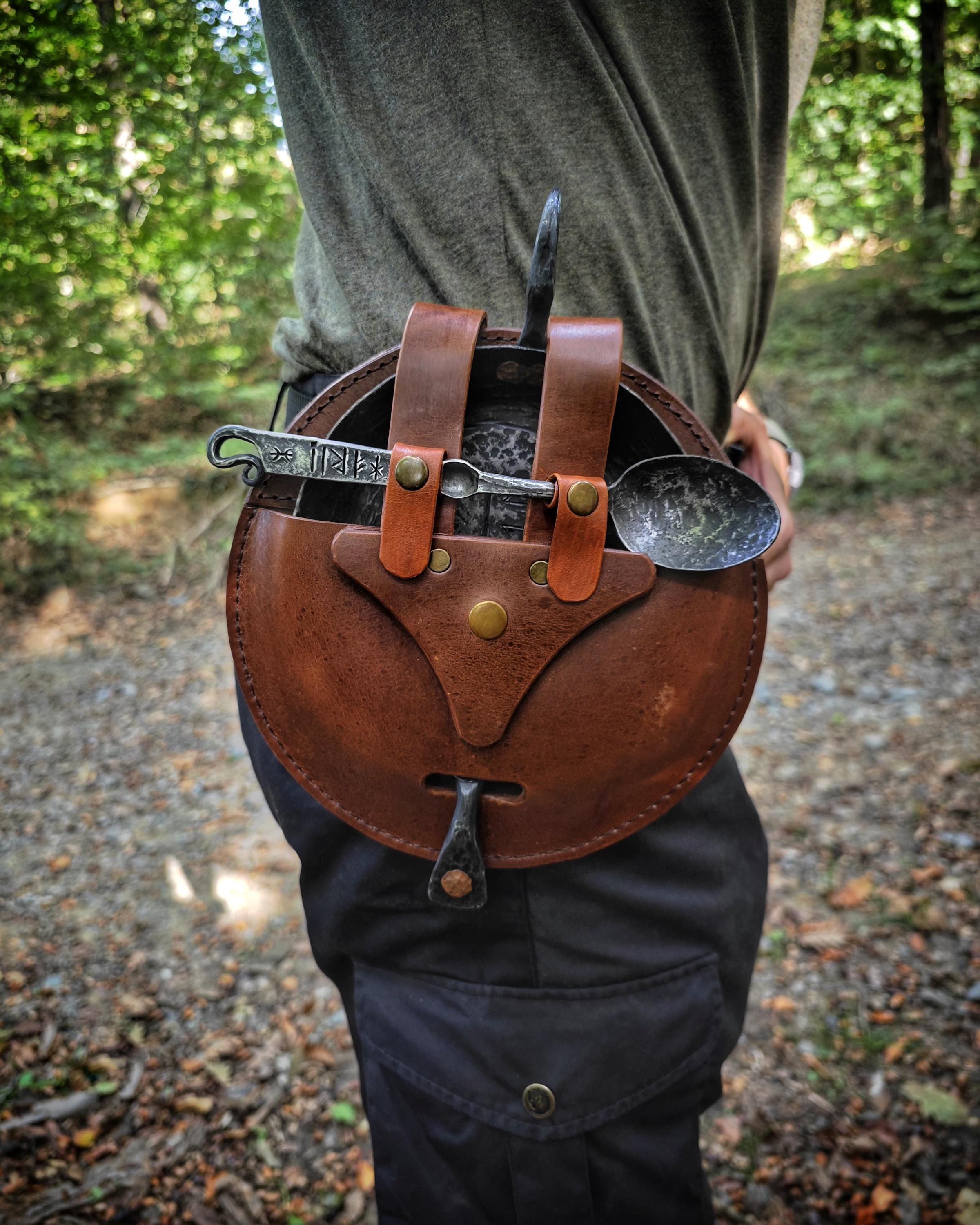 The Spirit of the Middle Ages: Viking-Inspired Pan and Iron Spoon Set with Handcrafted Leather Bag Bushcraft Camping Primitive life