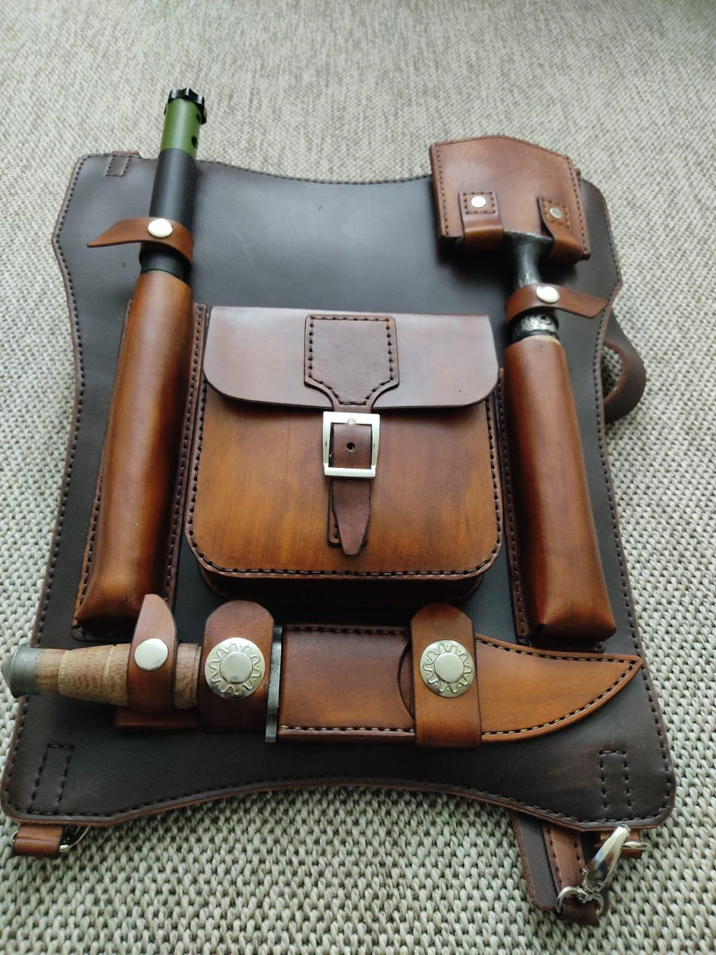 All-in-One Survival Kit: Bowsaw, Tactical Shovel, Knife with Comfortable Backpack Sheath Bushcraft Kit Camper Kit Genuie Leather