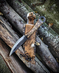 Viking style primitive blacksmith carbon steel handmade custom knife with natural genuie leather sheath.