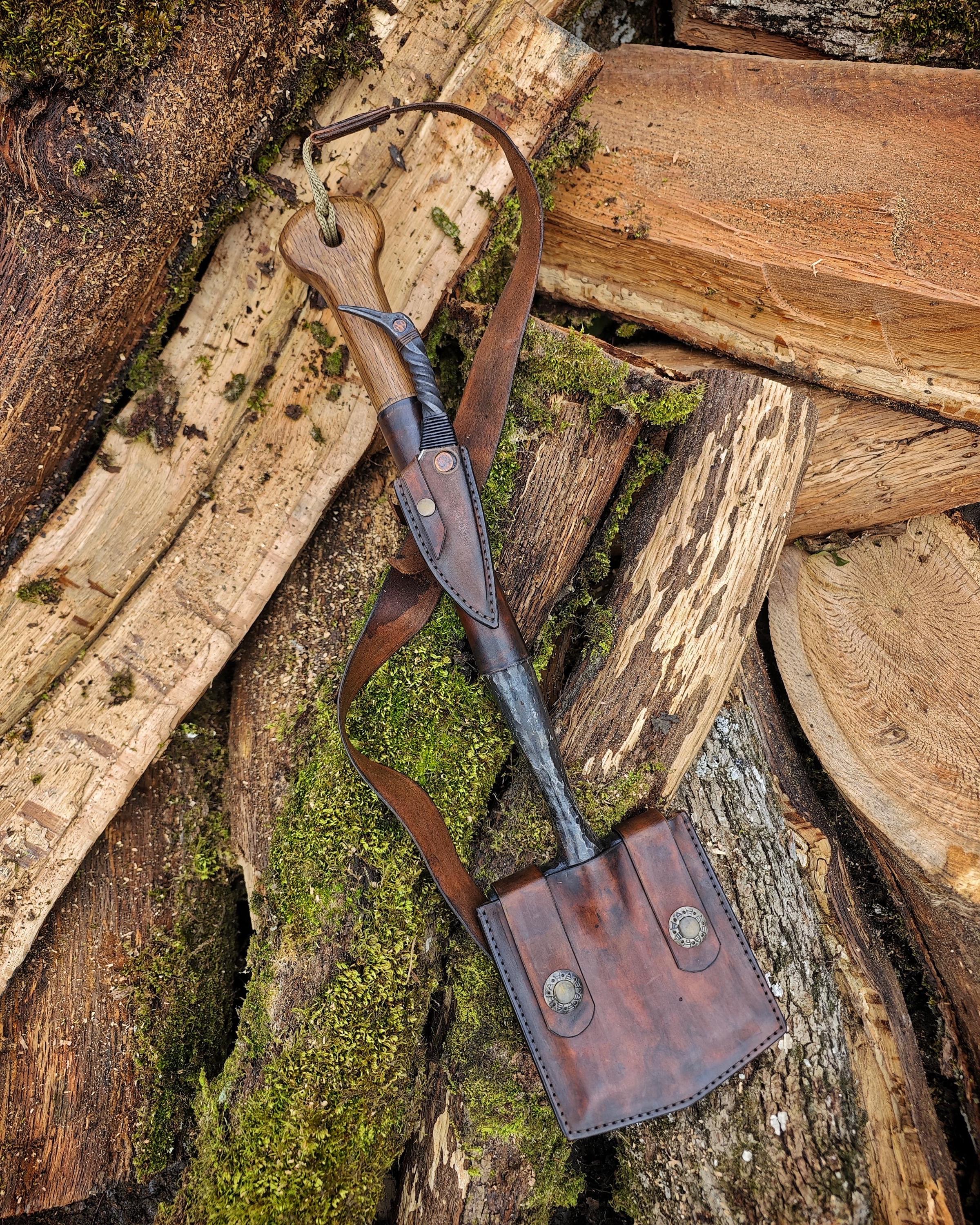 Hand-Forged Bushcraft Kit – Raven Knife Carbon Steel Survival Shovel with Leather Carry Set – Perfect for Camping &amp; Emergency Gear