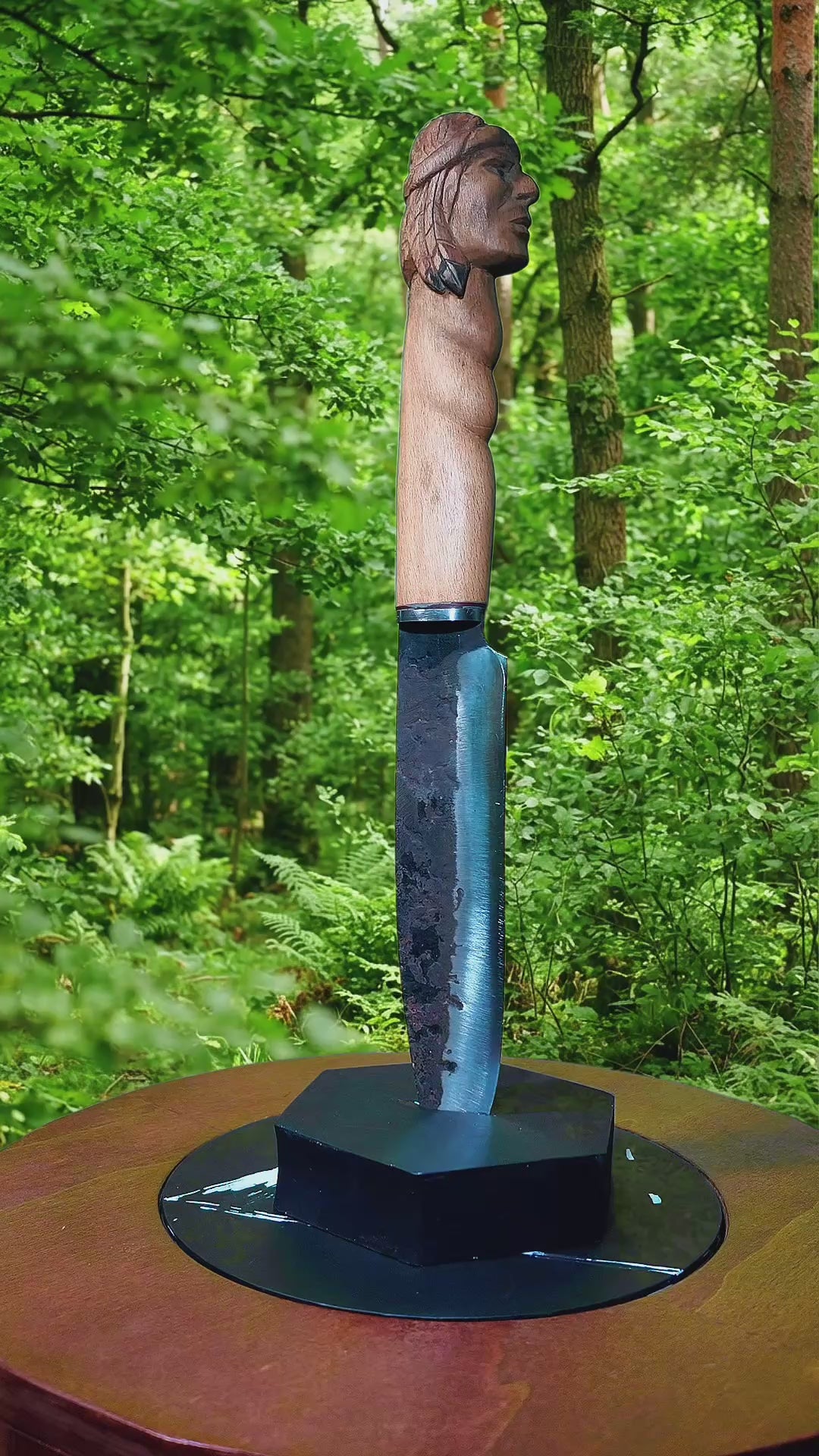 Handmade Carved Wood Knife with Hand-Stitched Genuine Leather Sheath